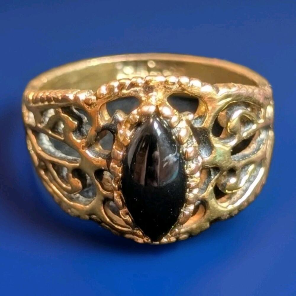 Vintage 14KT GE Gold With Black Onyx Ring Size 6 Filigree Style